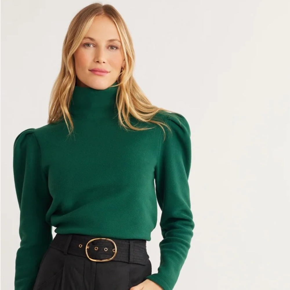 Emerald Green Dudley Stephens Palace Puff Sleeve Turtleneck in Vello Fleece NWT